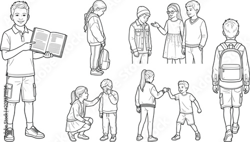 School Children Social Skills Line Art Set with Reading Friendship Support and Positive Interaction