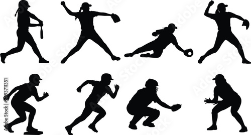 Schilderij op canvas Softball Player Silhouette Collection with Pitching Fielding Catching and Runnin