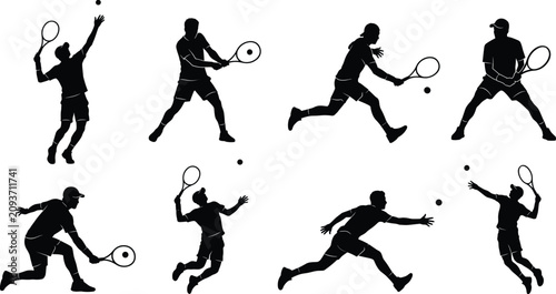 Bild auf Leinwand Tennis Player Silhouette Collection Featuring Serving Forehand Backhand Volley a