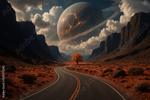 Winding desert road leading towards a giant ringed planet in sci-fi landscape