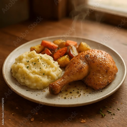Delicious roasted chicken leg quarters with mashed potatoes and vegetables on a plate