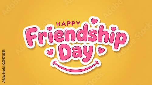 Happy friendship day pink bubbly lettering design on solid yellow background
