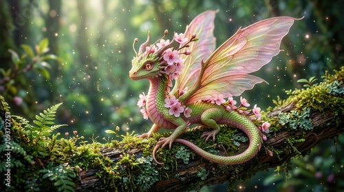 A small, adorable dragon rests on a mossy branch in a sun-dappled forest.