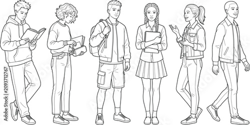 Student Characters Line Art Set with Reading Learning Communication and Walking Illustrations