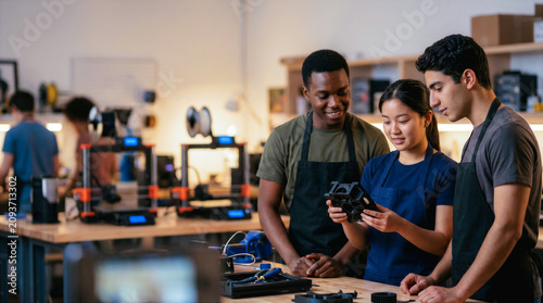 Learning about robotics and 3D printing equipment, a team of college students examining the result of a 3D printed object, copy space for text with a back-to-school concept