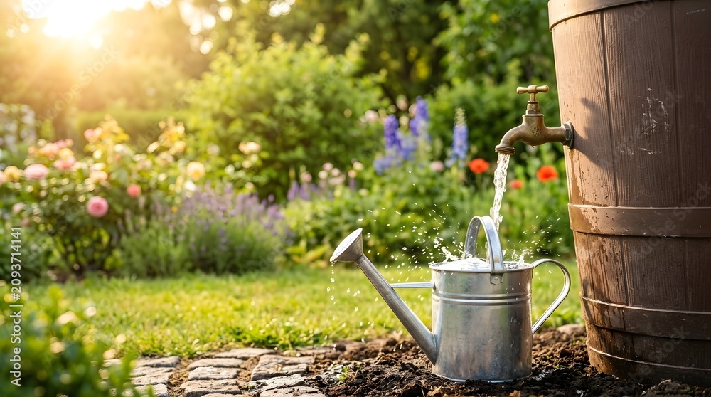 Obraz premium Metal Watering Can Filling with Water from Rain Barrel Tap in Sunny Cottage Garden