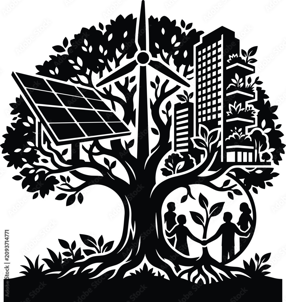 Fototapeta premium Green eco city concept vector illustration with a tree integrating solar panels wind turbine sustainable buildings and community silhouette