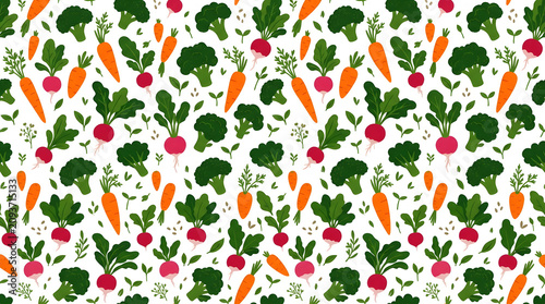 Seamless Fresh Vegetable Pattern - Hand-Drawn Vector Background with Broccoli, Carrots, and Radishes