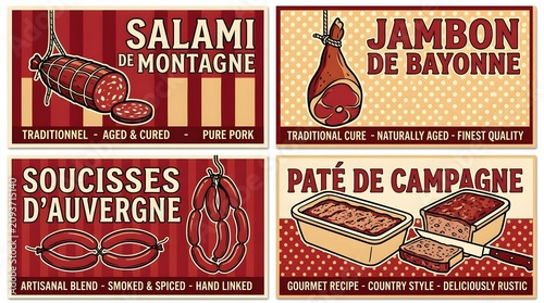 A collage of four vintage-style signs featuring French cured meats and pates. The signs advertise Salami de Montagne, Jambon de Bayonne, Soucisses d'Auvergne, and Pate de Campagne.