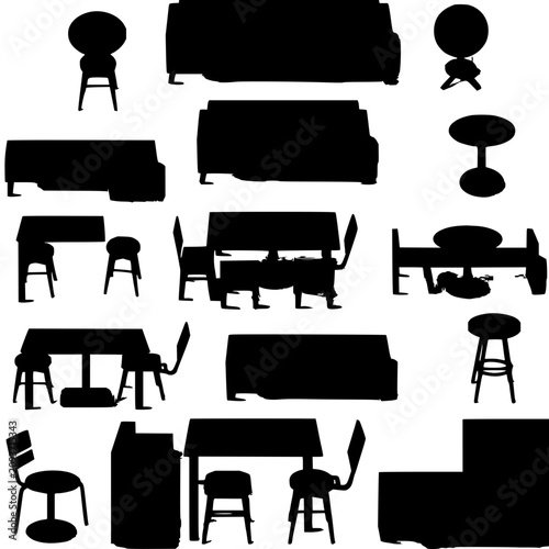 Konstfotografi Furniture silhouettes set with various black tables, stools and benches arranged