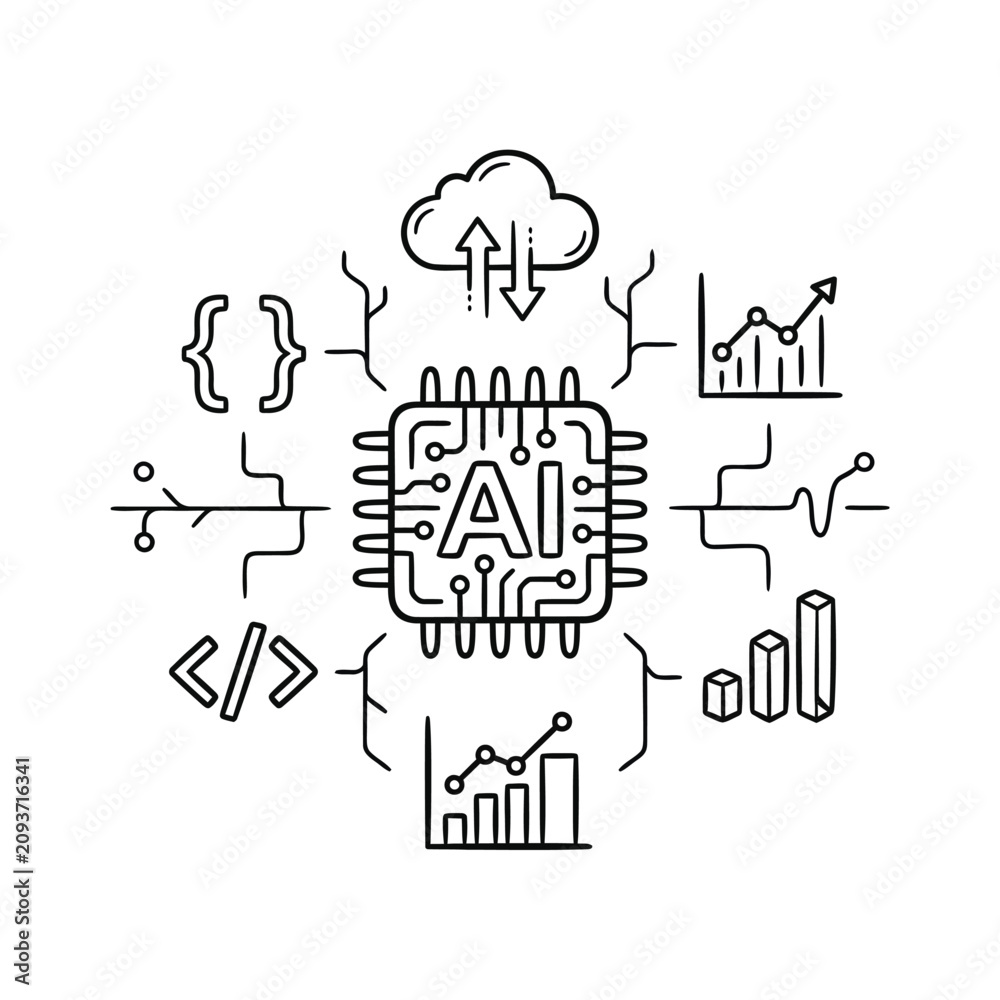 Obraz premium Artificial intelligence chip icon with data flow lines.