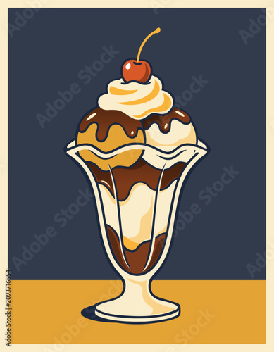 Ice cream sundae in a glass with chocolate syrup, whipped cream and a cherry on top, retro style dessert poster on dark blue background. Vector illustration