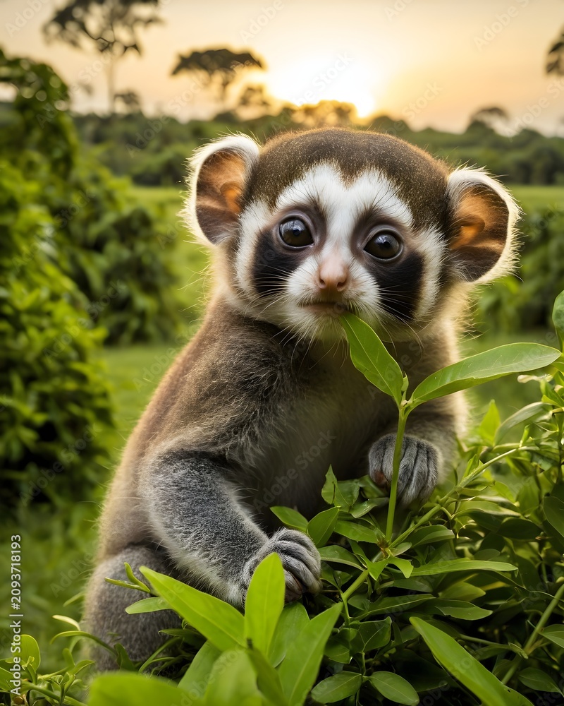 Obraz premium A young baby pygmy slow loris, ai-generated, fantasy animal, in a cosmic meadow