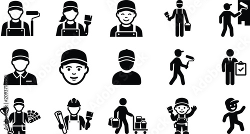 Set of black painter and house renovation worker icons showing people with tools and equipment for construction work
