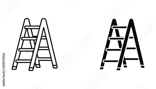 Portable folding ladder climbing equipment icon set showing construction and maintenance tool for DIY home repair concepts in clean black and white vector graphic design illustration