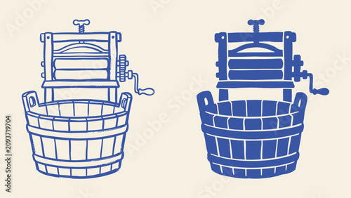 Photos Retro manual washing machine vector icon set with wooden tub and mangle wringer