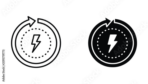 Circular arrow refresh loop with lightning bolt symbol inside representing energy recycling and power cycle optimization concepts for modern renewable energy technology graphics