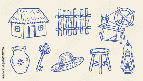 Tableau sur toile Traditional rural life doodle vector set with thatched hut spinning wheel bamboo