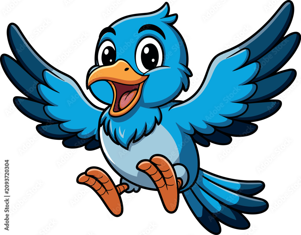 Fototapeta premium Cute flying blue bird vector illustration happy cartoon animal mascot character for kids nursery prints