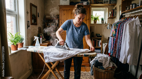 Focused woman ironing white clothing on board with steam in a cluttered home environment