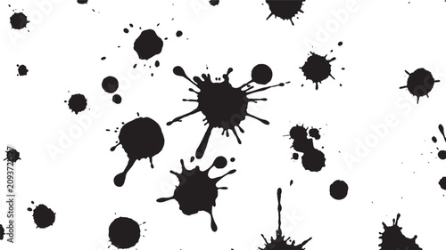 Black paint splatters seamless pattern on transparent background with grunge ink blot elements. Vector Illustration
