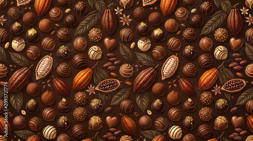 Seamless Cocoa Pod and Chocolate Pattern - Rich Hand-Drawn Vector Background with Pralines and Cocoa Beans