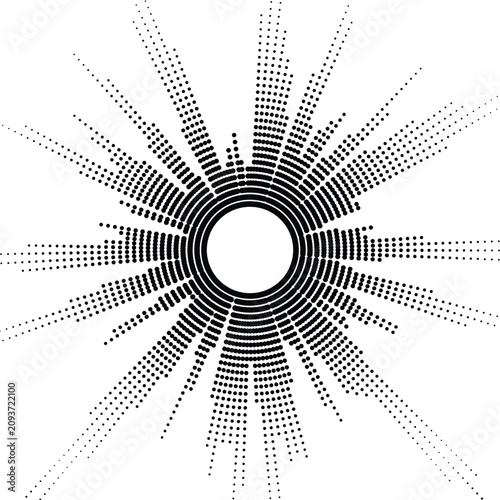 Halftone sunburst shape. Radial dot pattern. Abstract circular design.