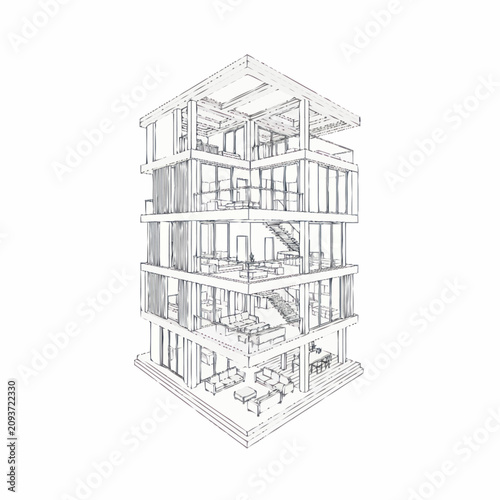Modern multi level building architectural wireframe design.