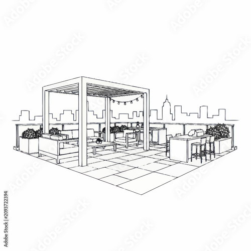 Fotografie Modern rooftop patio with pergola and city skyline view.