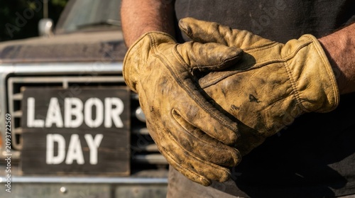 A worker's hands in dirty leather gloves in front of a labor day sign on a truck