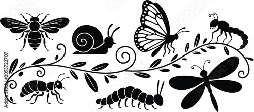 Decorative horizontal border set featuring black insect silhouettes of butterfly bee dragonfly ant snail and caterpillar silhouette butterfly dragonfly caterpillar decorative illustration
