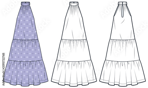Women Halter Maxi Dress Fashion Flat Technical Drawing Template Front and Back Views, Lavender Polka Dot