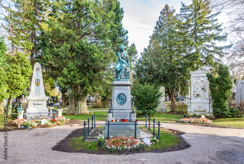 Принти на полотні The honorary grave monuments of famous classical composers Ludwig van Beethoven, Franz Schubert, and the Wolfgang Amadeus Mozart memorial at the Vienna Central Cemetery (Zentralfriedhof) in Vienna