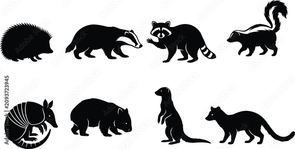 Obraz premium Black Silhouette Mammal Icons Featuring Badger, Raccoon, Skunk, Armadillo, Wombat, Meerkat, Mongoose, and Echidna