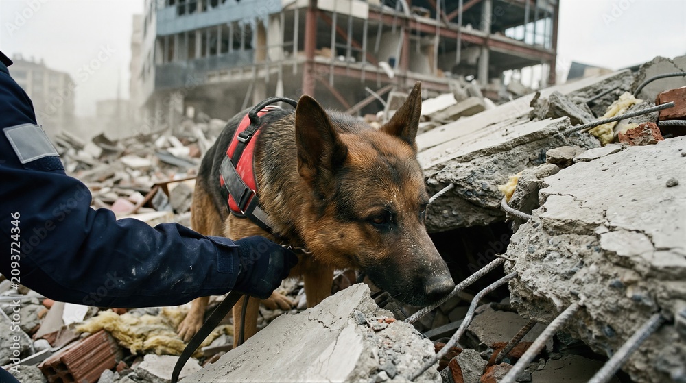 Naklejka premium Search and rescue dog looking for survivors in earthquake disaster zone. Professional canine worker sniffing through rubble of collapsed building. Emergency response and relief effort.
