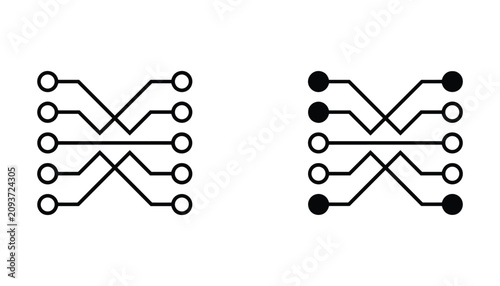 Foto Electronic signal path icon showing input and output connection nodes for techno