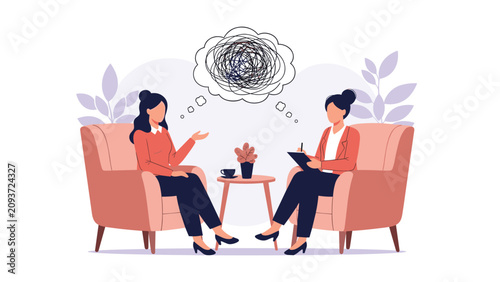 Professional therapist listens to a patient during a counseling session where a tangled thought bubble symbolizes mental health.