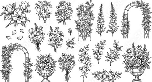 Foto Vintage garden floral sketch element set featuring rose arches trellis urn bouqu