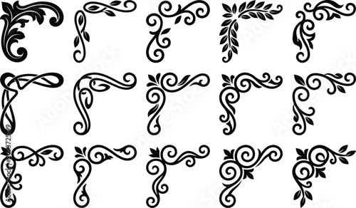 Tablou pe pânză A comprehensive array of fifteen sophisticated black vector flourish corner frames with elaborate vintage scroll designs