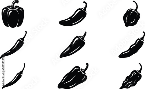 Pepper vector silhouette icon set featuring bell pepper chili jalapeno and habanero isolated on white