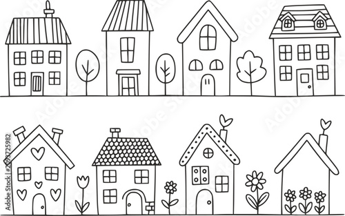A charming collection of hand-drawn doodle houses and cottages in a black and white coloring book style pattern