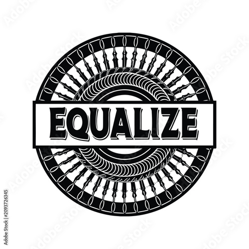 Detailed circular equalize emblem with intricate line work in black and white vector style