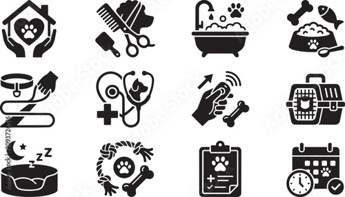 Pet Care Icons, Dog Grooming Symbols, Veterinary Medicine Signs, Animal Health Logos, Black Vector Icons Set