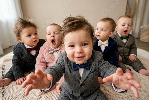 Five adorable babies wearing formal suits and bow ties sitting together indoors. Cute portrait showing curiosity, happiness, childhood, celebration and charming family moment with soft lighting.