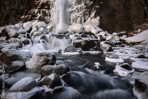Frozen Waterfall in Thingvellir National Park, Iceland in Winter 2