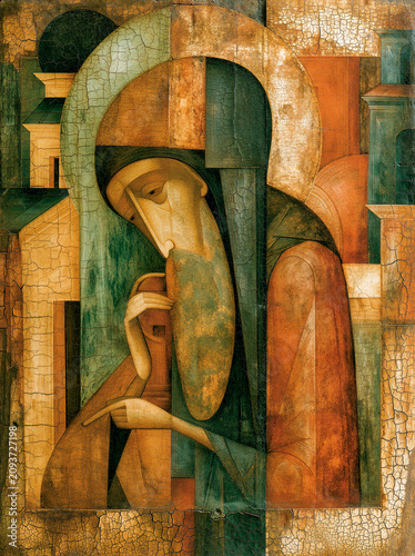 Medieval Russian iconography painting of a contemplative ascetic figure