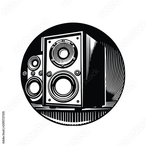 Photos Retro engraved style graphic of high fidelity audio speakers for music productio