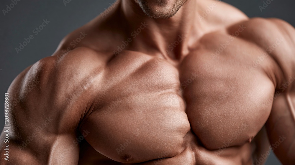 Obraz premium Close-up of a muscular man's chest and shoulders.
