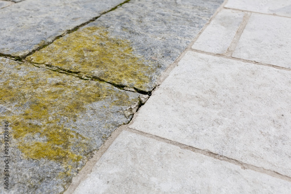 Fototapeta premium The Mossy Stone Pavement with Cracked Joints and Weathered Tiles