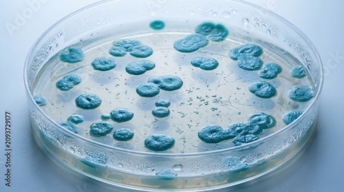 Vibrant blue bacterial colonies growing in a petri dish in a laboratory setting